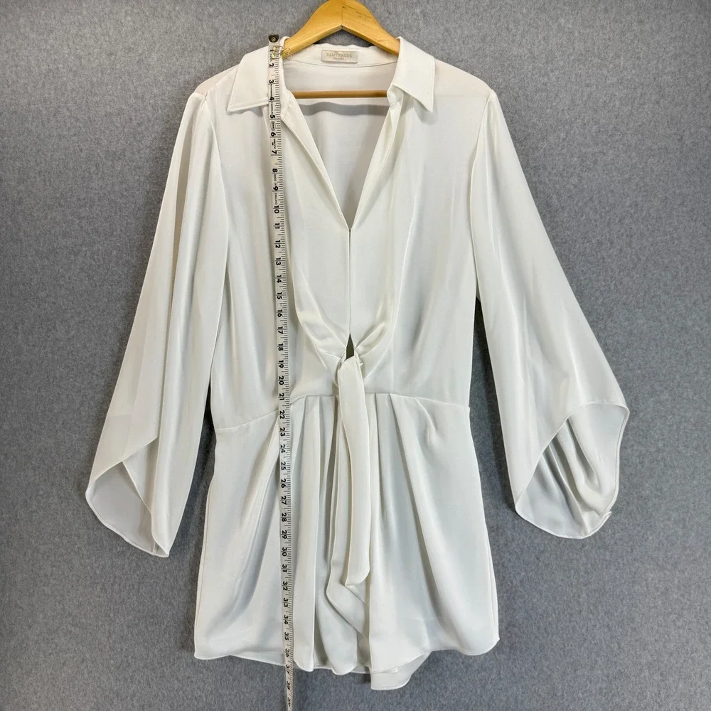 Ramy Brook Penny Bell Sleeve Mini Dress White Tie Front LS Collar Womens Size L?